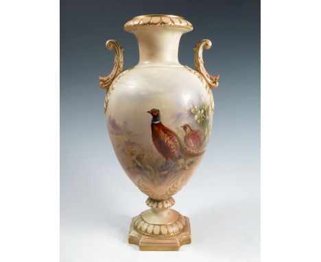 A Grainger’s Worcester blush ivory vase, of urn form, decorated with a cock and hen pheasant in landscape to the front and a 