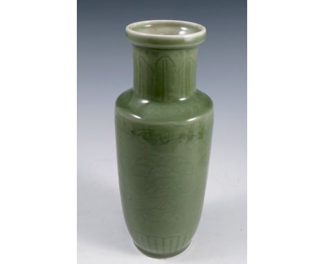 A celadon ground vase, decorated with flowers, drilled for a lamp, height 11.5insCondition Report:  Base drilled for a lamp