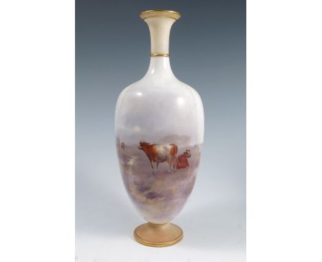 A Grainger’s Worcester vase, the moulded body decorated with English cattle in landscape to the front and a landscape to the 