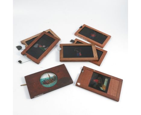 Seven mahogany framed magic lantern slides, each hand coloured and with moving glass panel, Eastern man throws head up, figur
