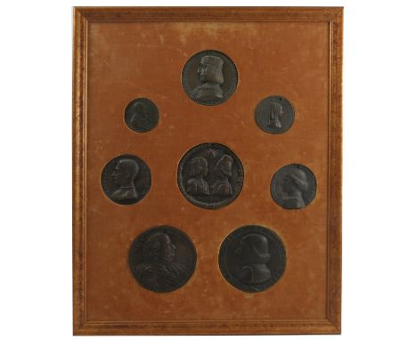 Eight circular metal framed portrait plaques, all with relief portraits in profile with script, one of&nbsp;Filippo Strozzi, 