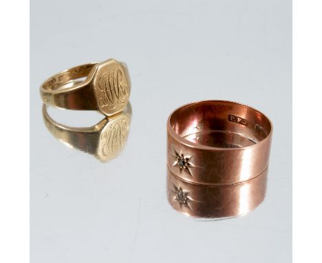 A 9 carat gold plain wedding ring, together with a 9 carat gold signet ring, 9.6g gross