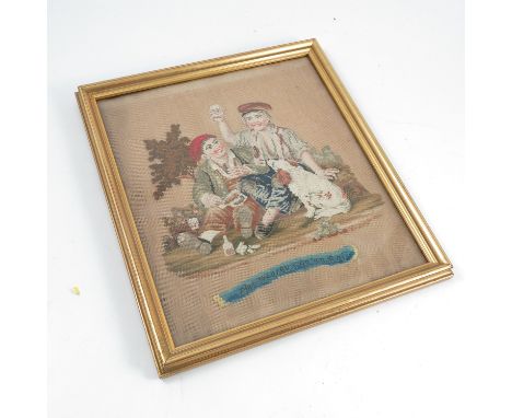 A Victorian tapestry picture, of two seated boys drinking with a dog beside them, and verse below, 13ins x 11.5ins