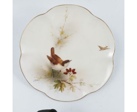 A Royal Worcester dessert plate, decorated with a Wren and foliage by E Barker, with shaped edge, dated 1912, diameter 8.5ins