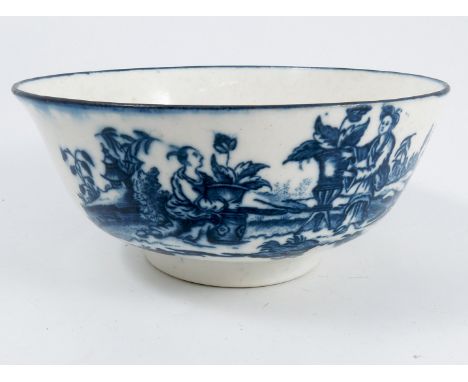 An unmarked first period Worcester porcelain slop bowl, decorated in the printed blue and white La Terrè and The Three Figure