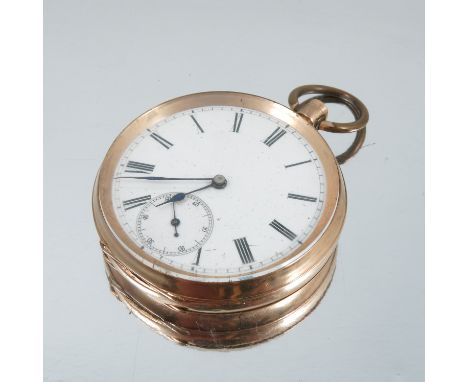 Anonymous, an open faced pocket watch, stamped '14k', having enamel dial with Roman numerals, black hands and subsidiary seco