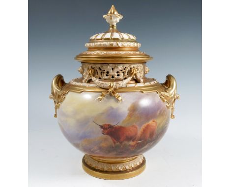 A Royal Worcester covered Bow piece vase, decorated with Highland cattle in landscape to the front and a landscape to the rev