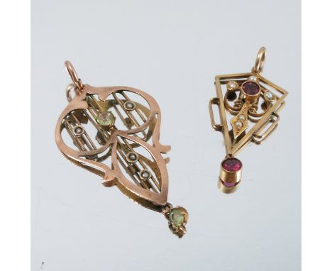 An Edwardian garnet topped doublet pendant, stamped '9ct gold', and another Edwardian garnet and seed pearl pendant, stamped 