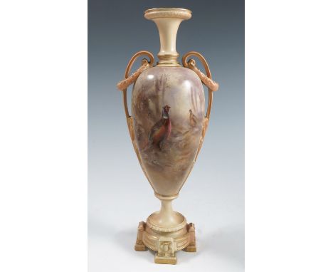 A Royal Worcester pedestal blush ivory vase, the body decorated with pheasants in landscape to the front and a full landscape