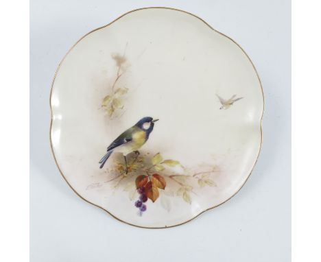 A Royal Worcester dessert plate, decorated with a Great Tit and foliage by E Barker, with shaped edge, dated 1912, diameter 8