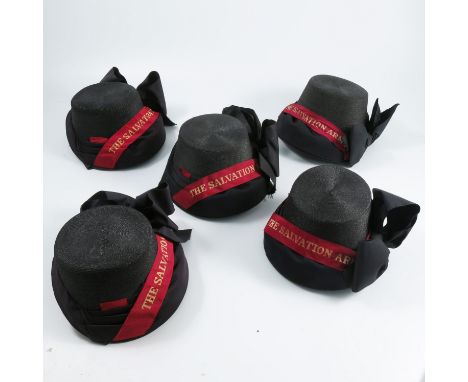 Five Salvation Army ladies hats/bonnets, in black with red and gold band, four with original cardboard boxes&nbsp;