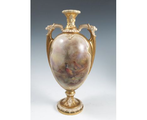 A Royal Worcester pedestal vase, decorated with pheasants in landscape to the front and a landscape to the reverse by Jas Sti