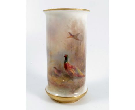 A Royal Worcester vase, of cylindrical form, decorated to the front with pheasants in landscape by Jas Stinton, shape number 