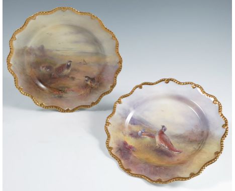 Two Royal Worcester cabinet plates, decorated with Partridge and another gamebird in landscape, both by Jas Stinton, with gil