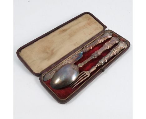A cased christening set, comprising knife, fork and spoon, with embossed handles and engraved blades, Birmingham 1845