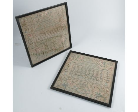 Two early 19th century tapestry samplers, decorated with alphabet, numbers, verse, flowers and birds, one named Mary Ann Roll