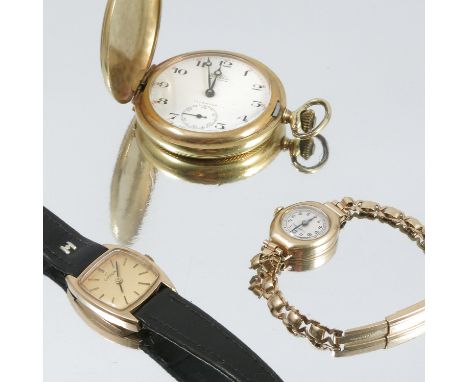 Omega, a lady's 9 carat gold mechanical wrist watch, on a strap, together with a lady's 9 carat gold Longines wristwatch on a