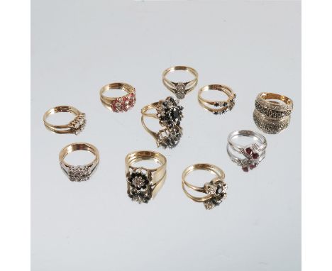 A collection of ten various stone set rings, in 9 carat gold, 26.8g gross