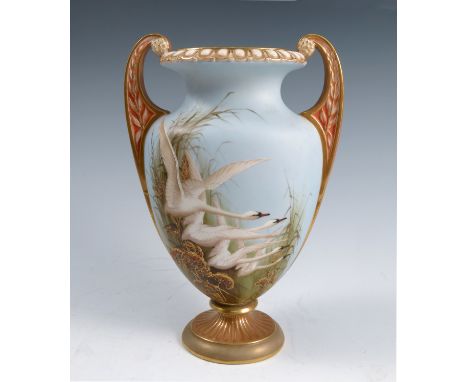 A Royal Worcester pedestal vase, decorated with four Swans in flight and foliage to a powder blue ground, with swallow to the