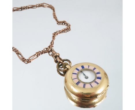 An 18K gold cased ladies half hunter pocket watch, the front with pink enamel band, the back engraved with initials, gross we