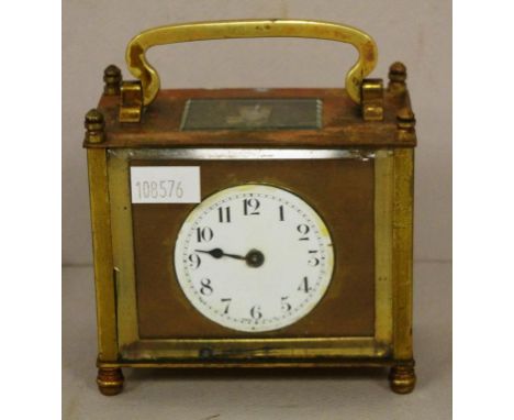 French brass cased carriage clock with travelling case & keys, one hand loose, 11cm high approx.