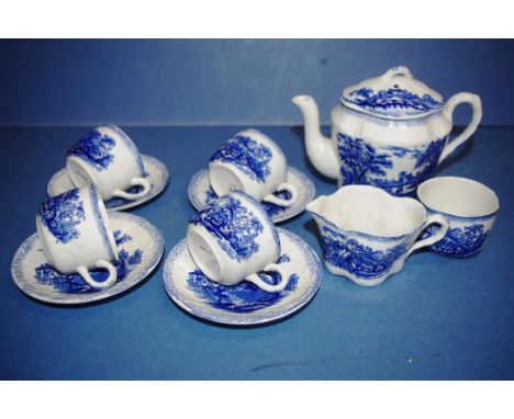 Part Ridgway blue & white "Humphreys clock" teaset to include 4 cups & saucers, teapot, sugar & creamer