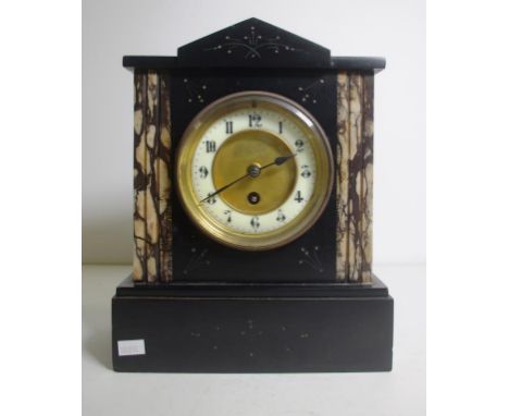 French C:19th slate and marble cased mantle clock with eight day striking movement, together with pendulum and key, height 26