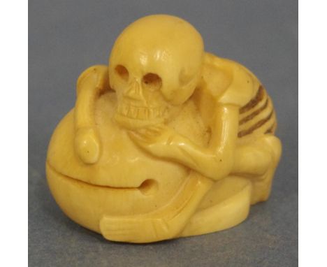 Antique Japanese ivory skeleton Okimono signed to back, W4cm approx, this item may not be exported without CITES documentatio