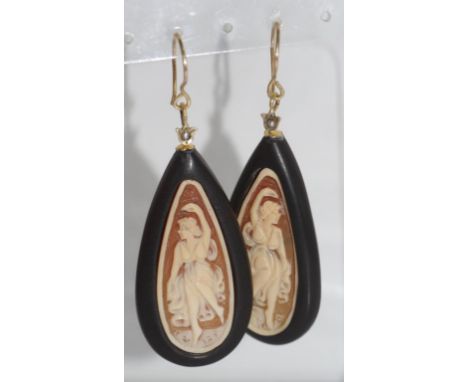 Vintage cameo and ebony earrings decorated with seed pearls, 9ct gold fittings