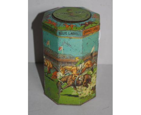 Edwardian tinplate lithographed tea caddy marked 'Lyons' Tea-The Grand National drink,' with  decoration of steeple chasing h