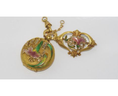 Antique 18ct gold, enamel & diamond pocket watch with separate brooch, swiss movement, working when tested, 'glass' discolour