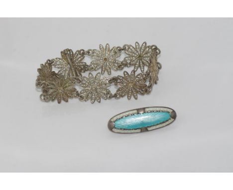 Vintage silver and enamel brooch together with a filigree bracelet