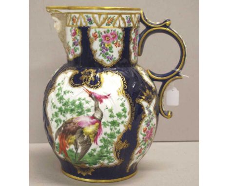 Large Victorian Samson of Paris porcelain jug in the 18th C Worcester style, bird & floral decoration on blue ground, gilt hi
