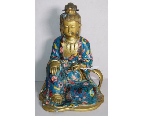 Early Chinese enamel & brass Guan Yin figure enamelled floral robes on brass figure. Sealed base. Circa early Republic period