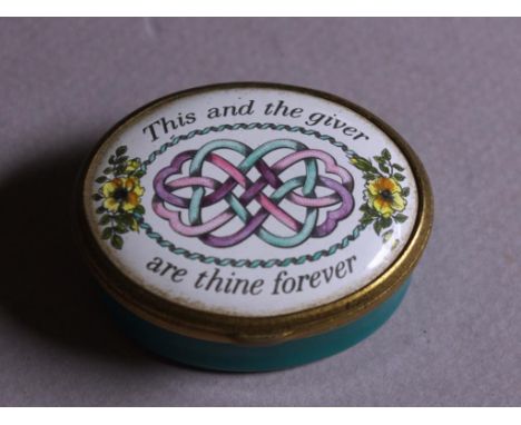 Halcyon Days enamel pill box boxed oval shaped, lidded pill box, titled 'This and the giver are thine forever,' to lid. Lengt