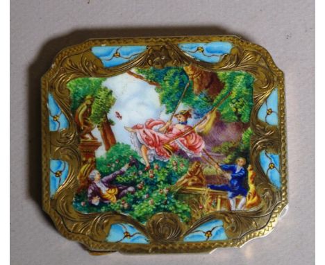 Good Continental silver gilt & enamel compact stamped 800, with traditional courting scene enamel top and intricate silver en