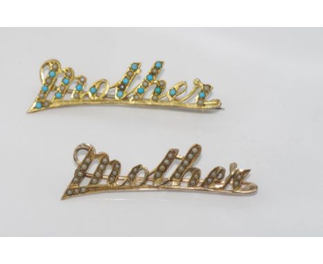Two vintage 9ct  "MOTHER" brooches one with pearls the other turquoise, weight: approx 5.58 grams