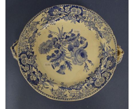 Early Spode blue & white floral food warmer plate stamped and impressed mark to base, width 29cm approx