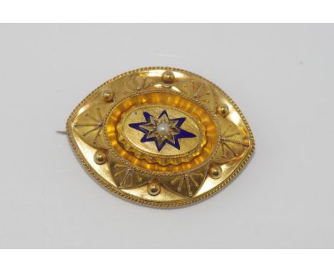 Early Victorian 9ct enamel & seed pearl brooch with open back locket, weight: 10.85 grams, registry mark 1867, valuation avai