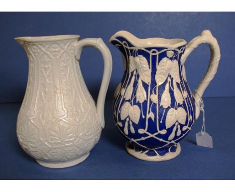 Victorian William Brownfield stoneware jug blue & white floral decoration in relief, circa 1851, Reg. No. to base; together w
