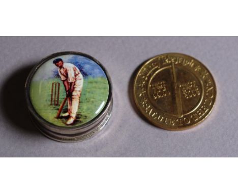 Silver & enamel cricketer pill box circular silver pill box, decorated to lid with enamel image of cricketer; together with S