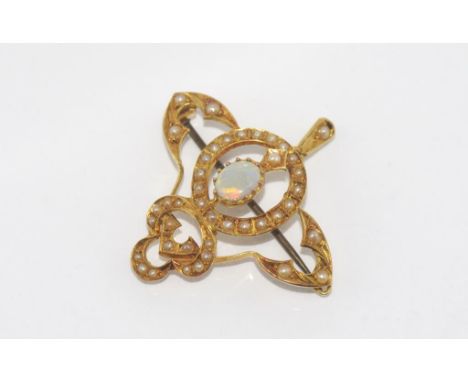 15ct gold solid opal & seed pearl brooch/pendant weight: approx 6.1 grams, size: approx 4 by 4cm including bale