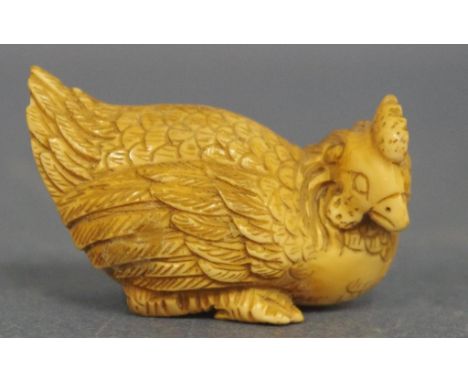 Antique Japanese rooster ivory netsuke C1920. Signed to base. May not be exported without CITES documentation. H3cms approx.