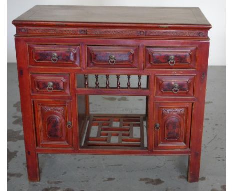 Antique Chinese Hokkien Province side cabinet with cherry coloured lacquer polish, various doors, drawers and open shelf, ex: