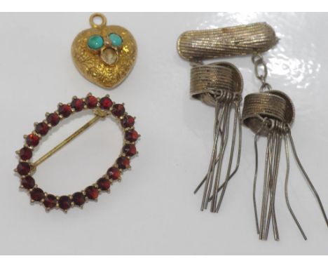 Silver knot brooch, silver gilt brooch and a vintage heart missing one turquoise