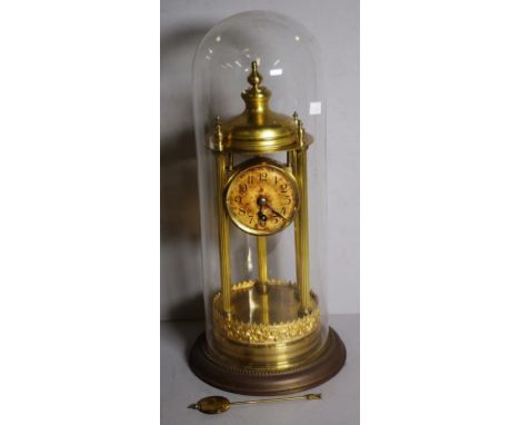 Vintage German (bandstand) brass mantle clock with glass dome & pendulum, 37cm high approx.