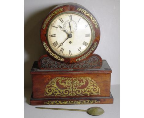 Georgian mahogany & boulle mantle clock with pendulum & fuse movement, second hand loose,  35.5cm wide, 17cm deep & 42cm high
