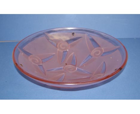 Early art deco pink glass ceiling lamp shade embossed figural decoration. Diameter 38cms approx.