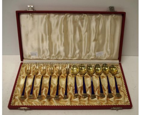 Cased Danish silver coffee spoons & forks set 6 each matching spoons & forks, enamel handles, gilt bowls & tines, crown finia