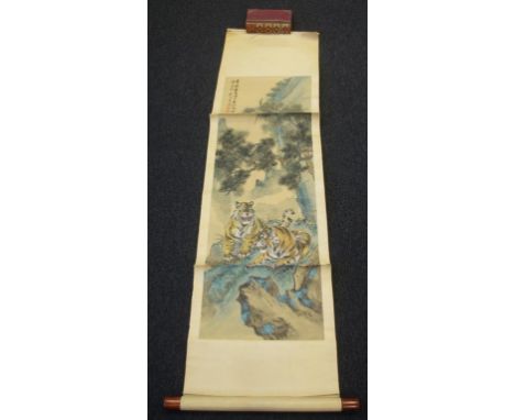 Vintage Chinese scroll depicting tigers height 170cm X width 43cm approx